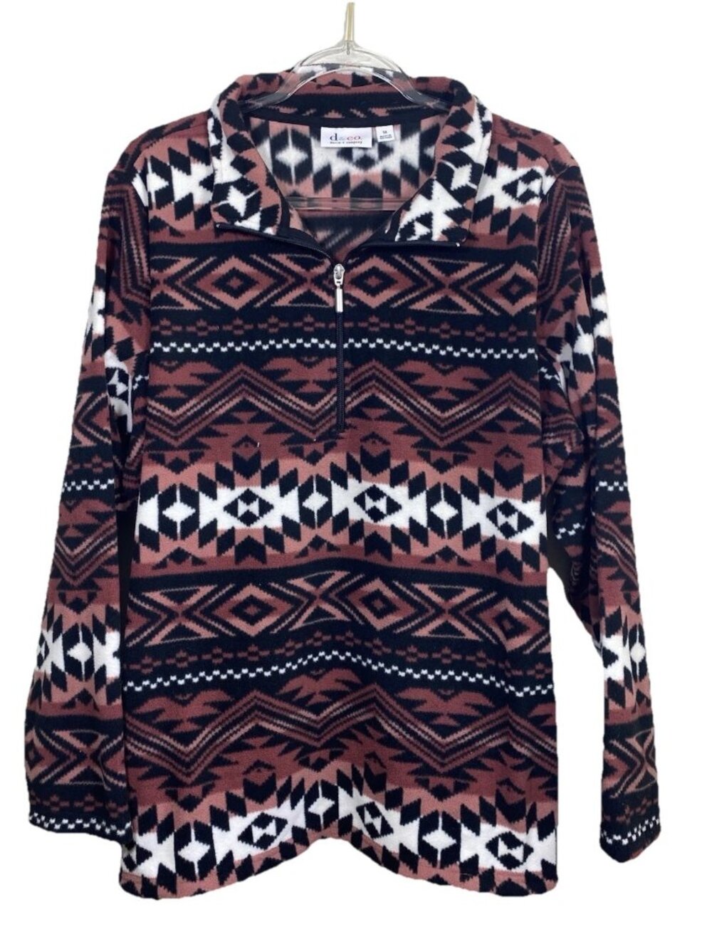 Denim & Co Size 1X Brown Black Aztec Print Fleece 1/2 Zip Pullover Jacket Top